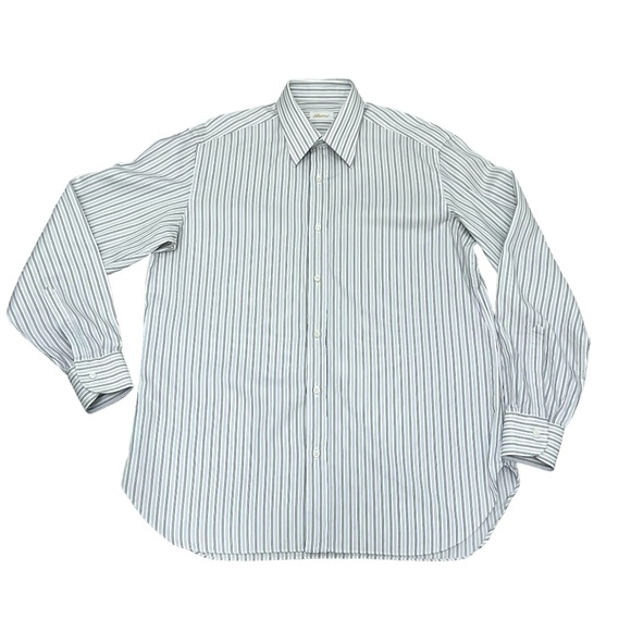 BRIONI WHITE WITH BLUE, BLACK & GRAY STRIPES DRESS SHIRT - Picture 2 of 11